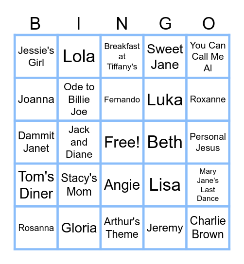 MUSIC BINGO at the Ann Arbor Eagles!  Songs with a name in the title! Bingo Card