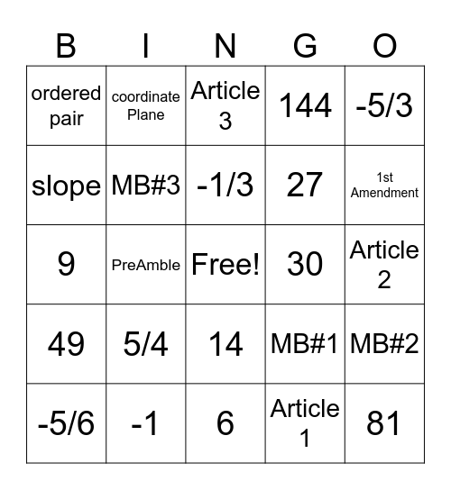 Math Bingo 5/29/25 Bingo Card
