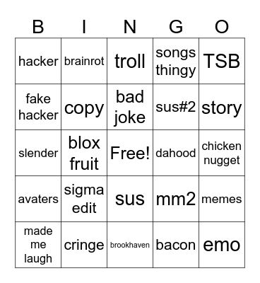 ROBLOX SHORTS Bingo Card