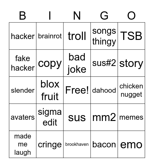 ROBLOX SHORTS Bingo Card