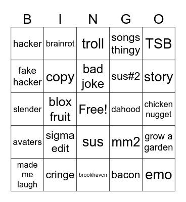 ROBLOX SHORTS Bingo Card