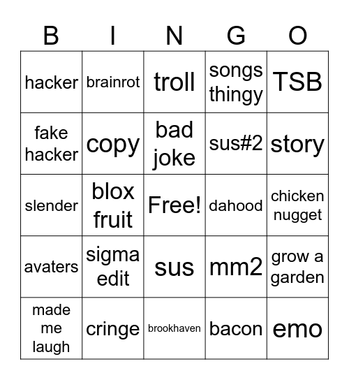 ROBLOX SHORTS Bingo Card