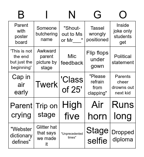 Graduation Bingo Card