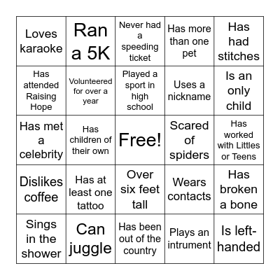 Good Grief "Get to Know You" Bingo Card