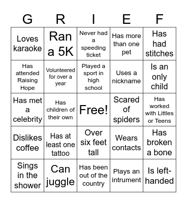 Good Grief "Get to Know You" Bingo Card
