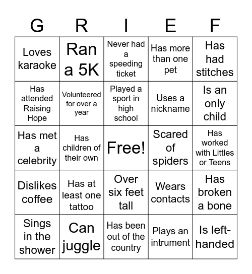 Good Grief "Get to Know You" Bingo Card