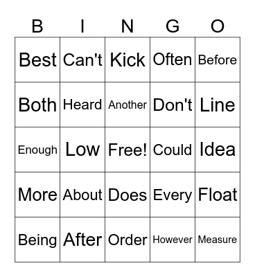 Sight Words Bingo Card