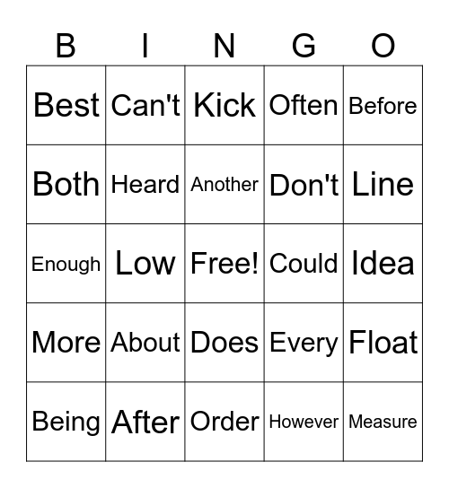 Sight Words Bingo Card