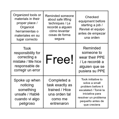 Packaging Safety Bingo Card