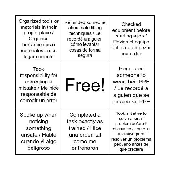 Packaging Safety Bingo Card