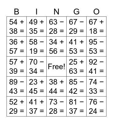 Addition and Subtraction Bingo Card