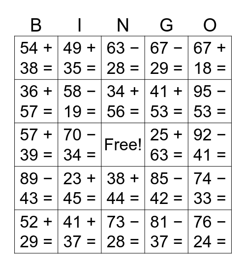 Addition and Subtraction Bingo Card