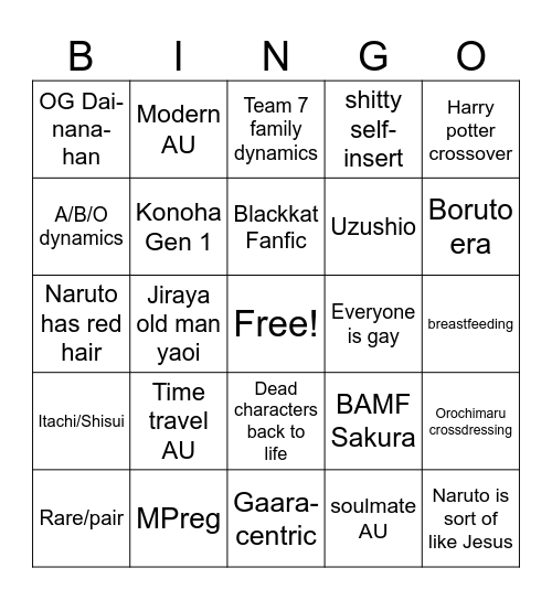 Naruto fanfiction bingo card Bingo Card