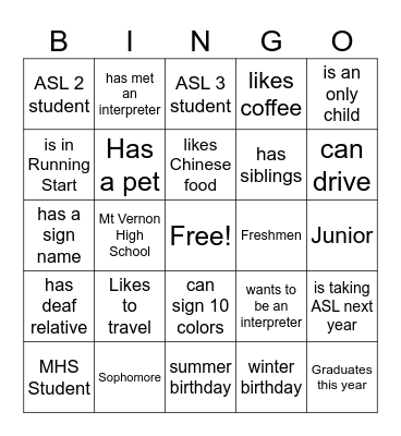 Signing Bingo Card