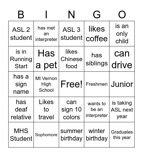 Signing Bingo Card