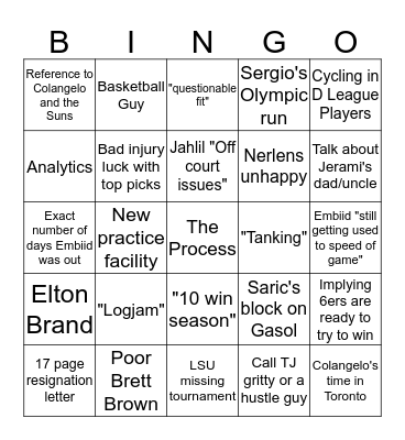 Sixers National Broadcast Bingo Card