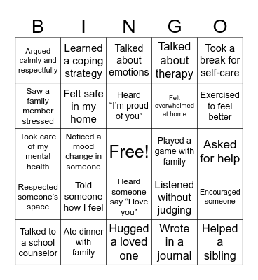 Mental Health Bingo Card