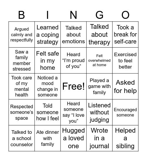 Mental Health Bingo Card