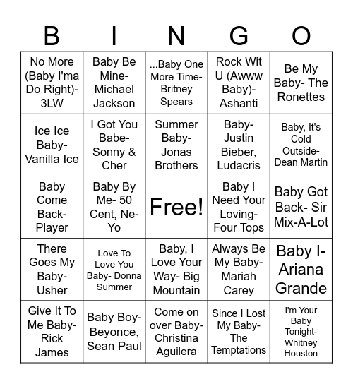 Ali's Baby Music Bingo Card