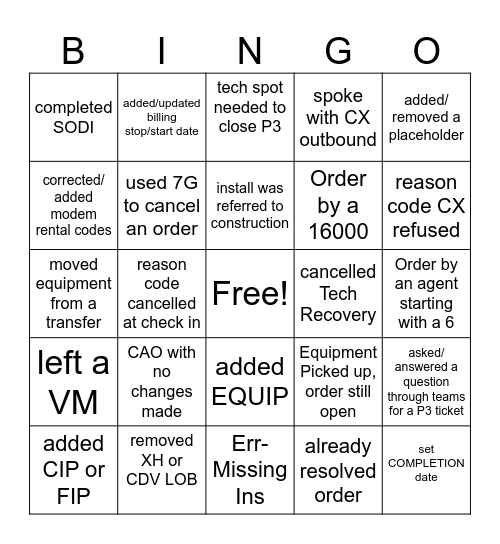 P3 Bingo Card