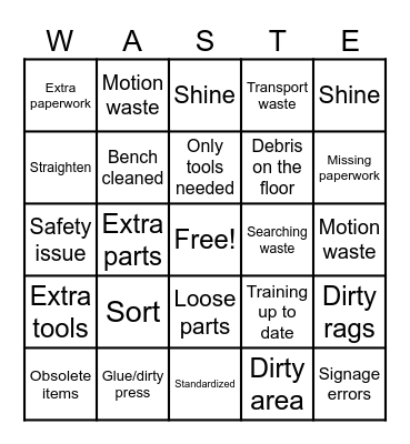 Assembly Waste/5S Bingo Card