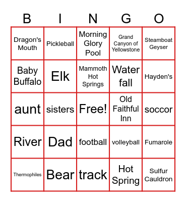 Yellowstone National Park Bingo Card