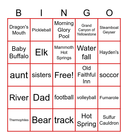 Yellowstone National Park Bingo Card