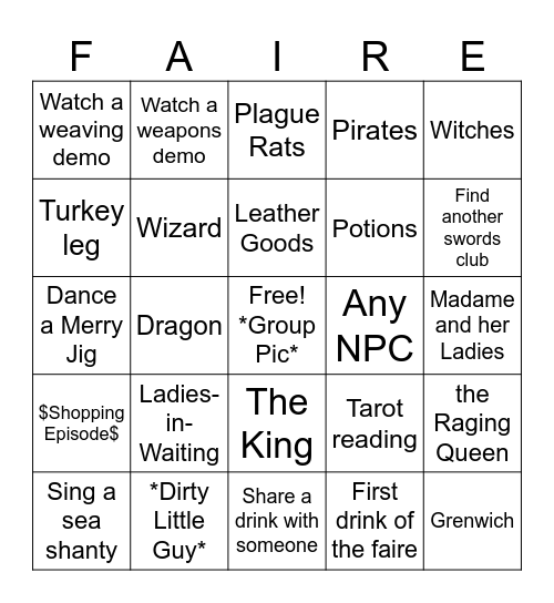 Renaissance Faire Bingo Card