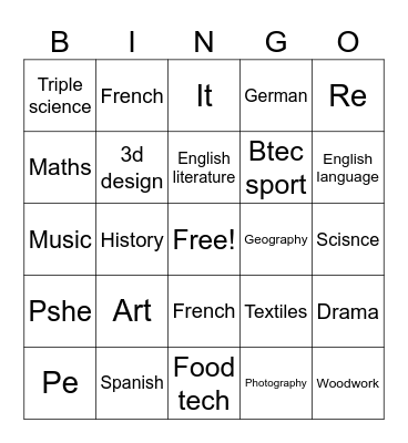 GCSEs Bingo Card