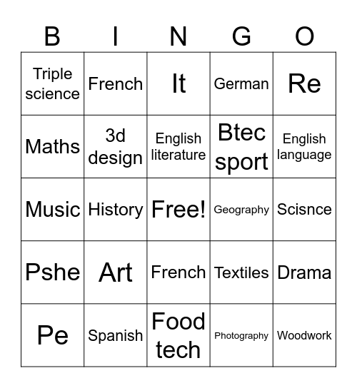 GCSEs Bingo Card