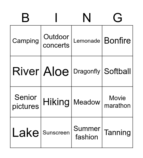 Summer Fun Bingo Card
