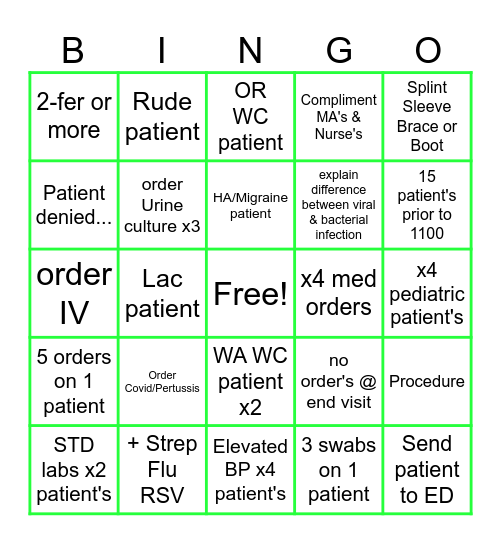 87th UC Provider Bingo Card