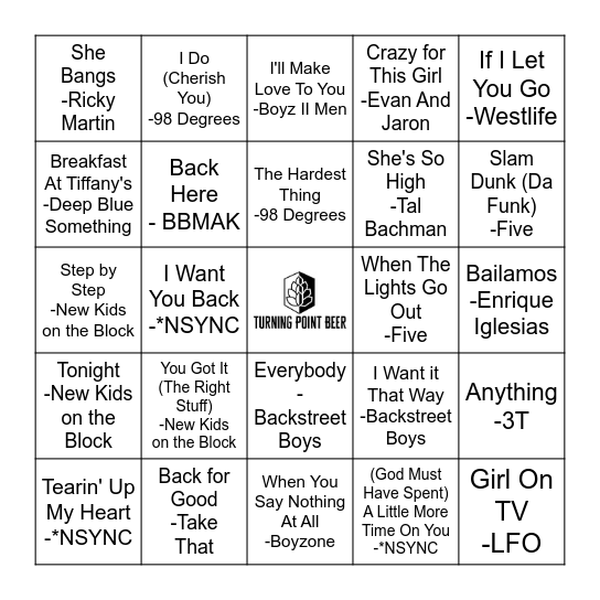 90s Music: Boy Bands Bingo Card