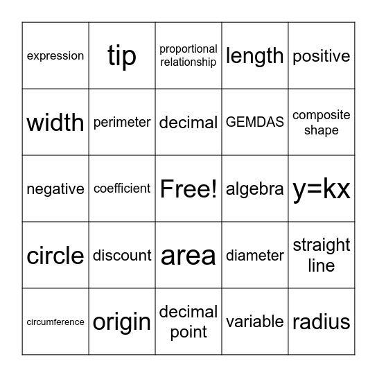 7th Grade Math Review Bingo Card