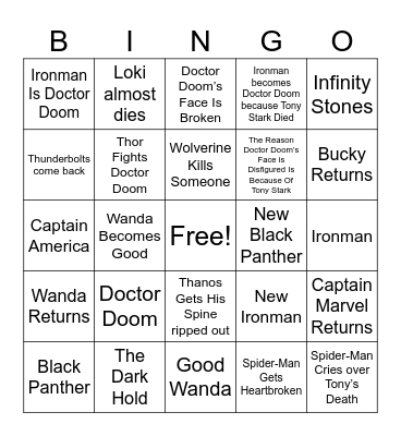 Avengers Doomsday Bingo Card