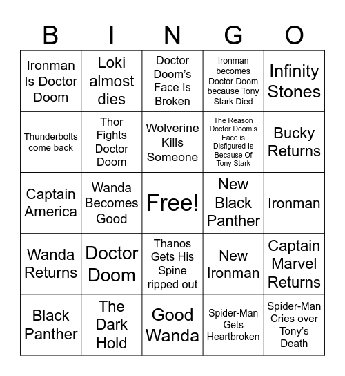 Avengers Doomsday Bingo Card