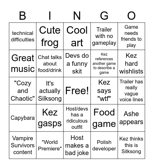 Kez's Games Showcase Bingo Card