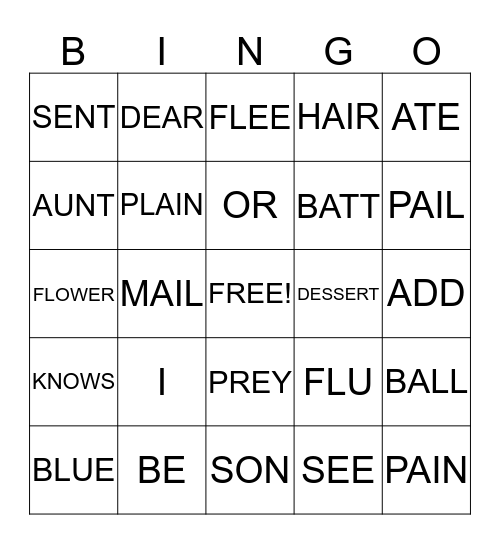 Homophone Bingo Card Bingo Card