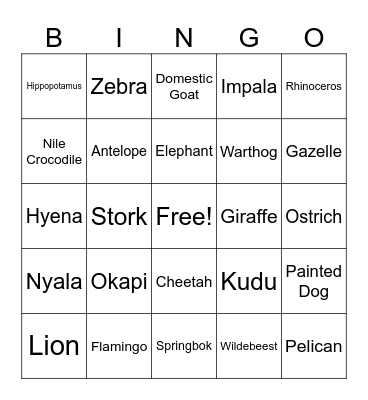 Animal Kingdom Kilimanjaro Safari Bingo Card