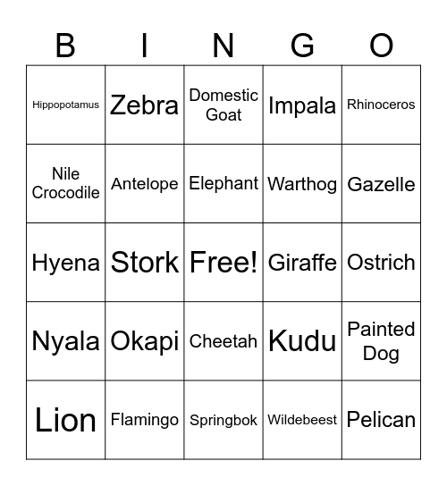 Animal Kingdom Kilimanjaro Safari Bingo Card