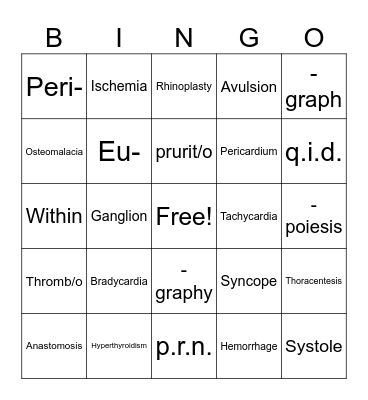 Medical Terminology Final Exam Review Bingo Card