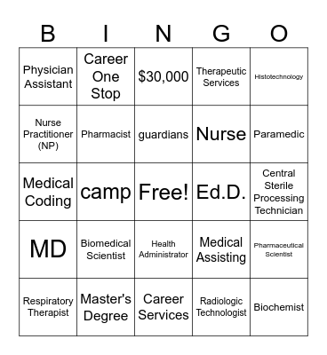 Health Sciences Camp Bingo Card