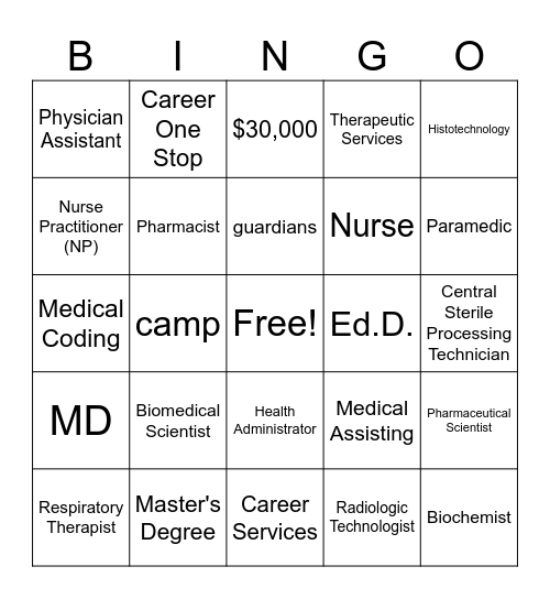 Health Sciences Camp Bingo Card