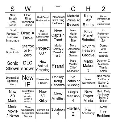 Nintendo Switch 2 Summer Direct Predictions Bingo Card