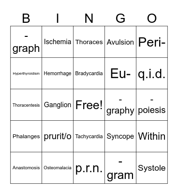 Medical Terminology Final Exam Review Bingo Card