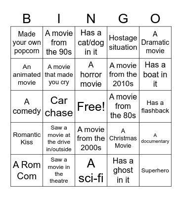 Summer Movie Watch list Bingo Card