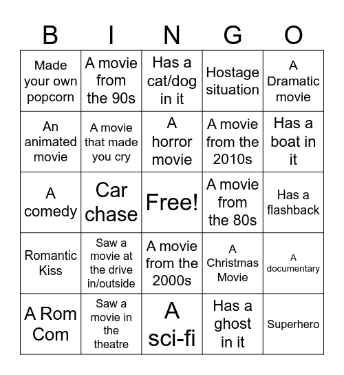 Summer Movie Watch list Bingo Card