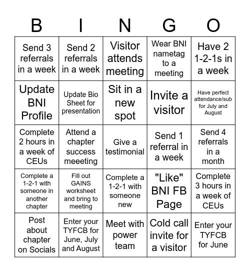 BNI Bingo Card