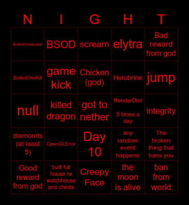 The Minecraft Horror Mod Bingo Card