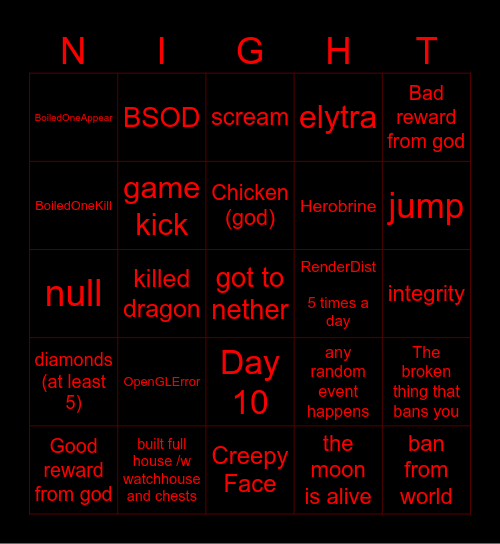 The Minecraft Horror Mod Bingo Card